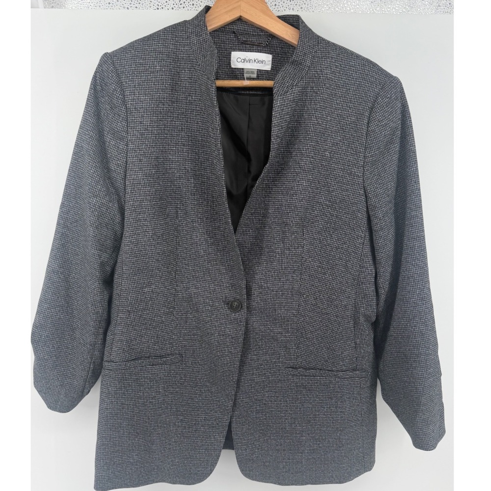 Calvin Klein Women's Gray One Button Blazer Inverted Collar Jacket Size 12‎ 0850